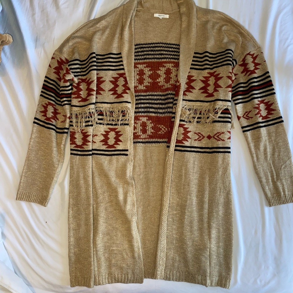 Maurices Tan and Red Patterned Sweater Cardigan